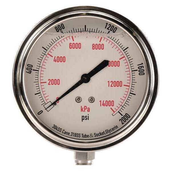 Pressure Gauge, 0 to 2000 psi, 1/4 in MNPT, Stainless Steel, Silver
