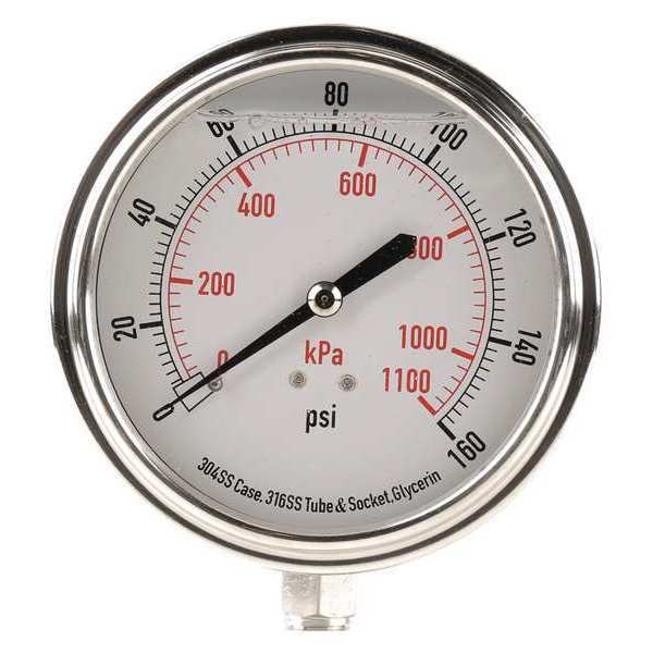 Pressure Gauge, 0 to 160 psi, 1/4 in MNPT, Stainless Steel, Silver