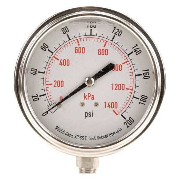Pressure Gauge, 0 to 200 psi, 1/4 in MNPT, Stainless Steel, Silver