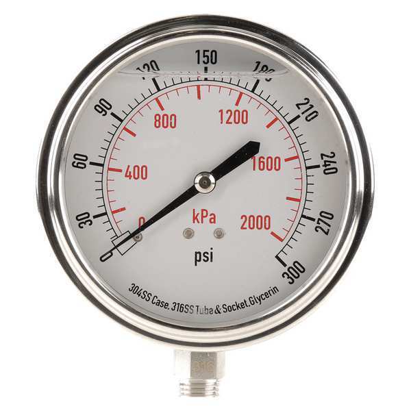 Pressure Gauge, 0 to 300 psi, 1/4 in MNPT, Stainless Steel, Silver