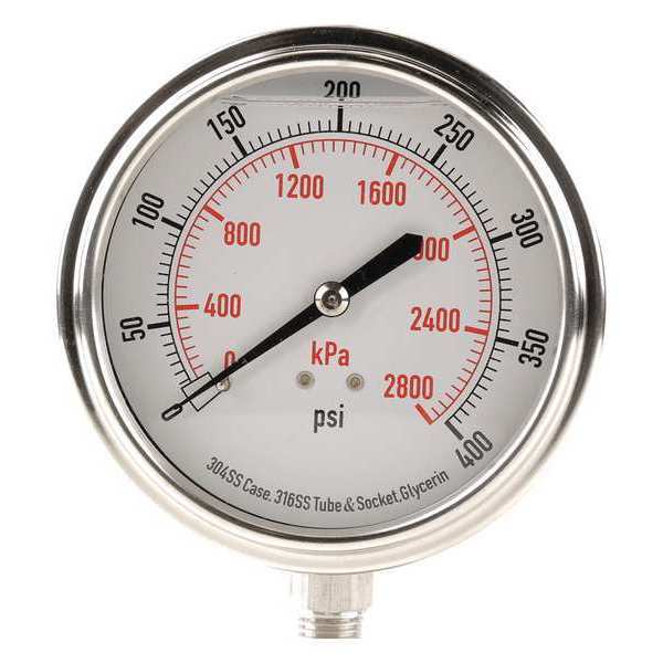 Pressure Gauge, 0 to 400 psi, 1/4 in MNPT, Stainless Steel, Silver