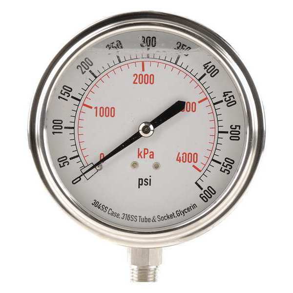 Pressure Gauge, 0 to 600 psi, 1/4 in MNPT, Stainless Steel, Silver