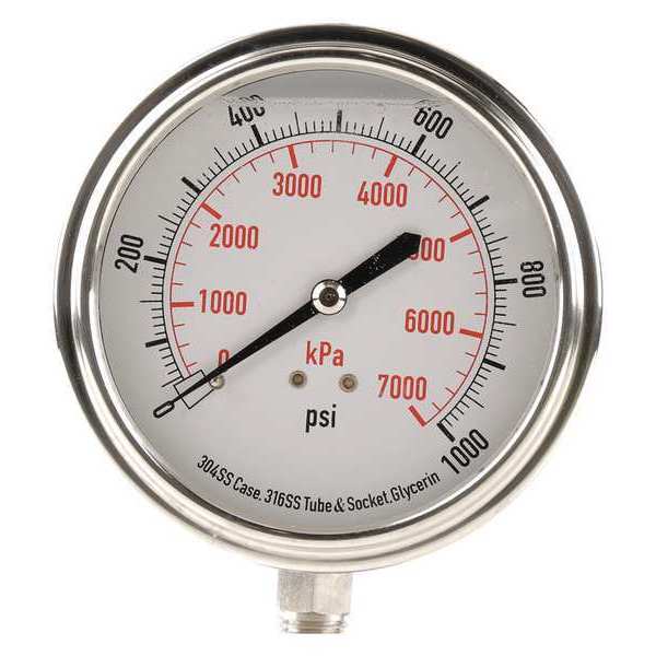 Pressure Gauge, 0 to 1000 psi, 1/4 in MNPT, Stainless Steel, Silver
