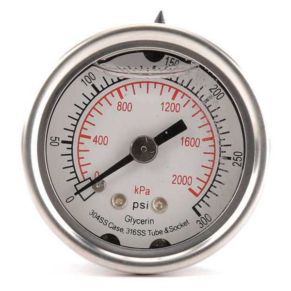 Pressure Gauge, 0 to 300 psi, 1/8 in MNPT, Stainless Steel, Silver