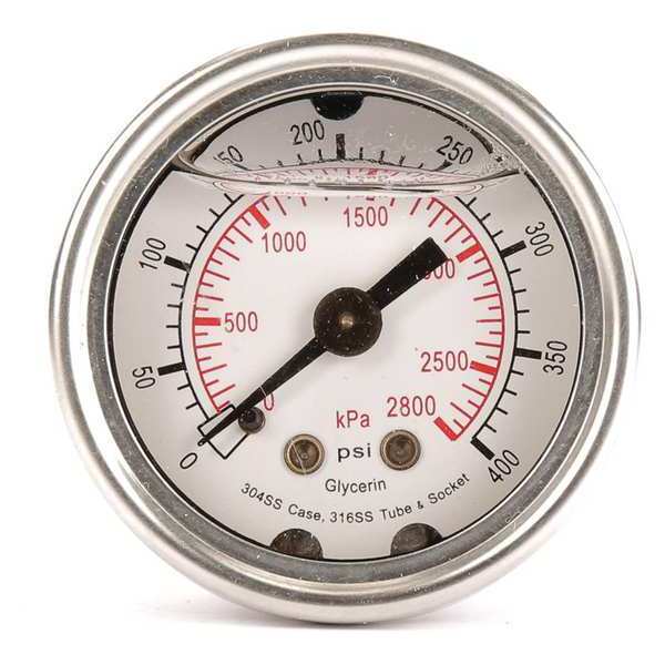 Pressure Gauge, 0 to 400 psi, 1/8 in MNPT, Stainless Steel, Silver