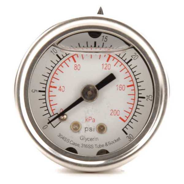 Pressure Gauge, 0 to 30 psi, 1/8 in MNPT, Stainless Steel, Silver