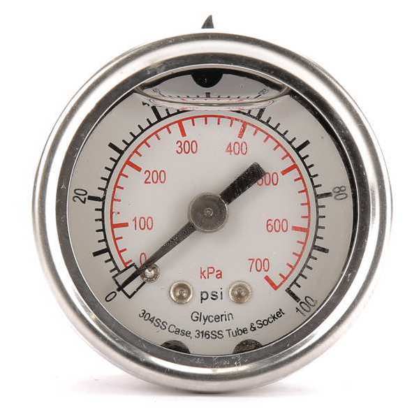 Pressure Gauge, 0 to 100 psi, 1/8 in MNPT, Stainless Steel, Silver