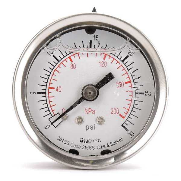 Pressure Gauge, 0 to 30 psi, 1/4 in MNPT, Stainless Steel, Silver