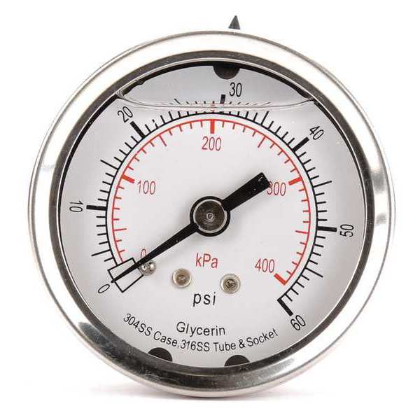 Pressure Gauge, 0 to 60 psi, 1/4 in MNPT, Stainless Steel, Silver
