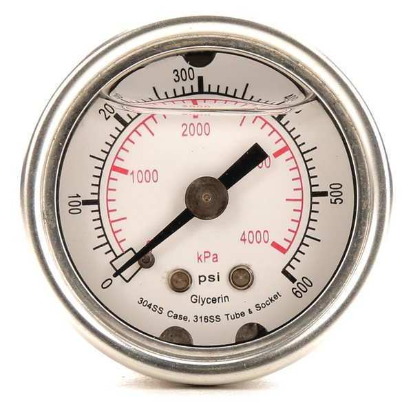 Pressure Gauge, 0 to 600 psi, 1/8 in MNPT, Stainless Steel, Silver