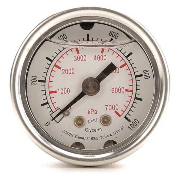 Pressure Gauge, 0 to 1000 psi, 1/8 in MNPT, Stainless Steel, Silver
