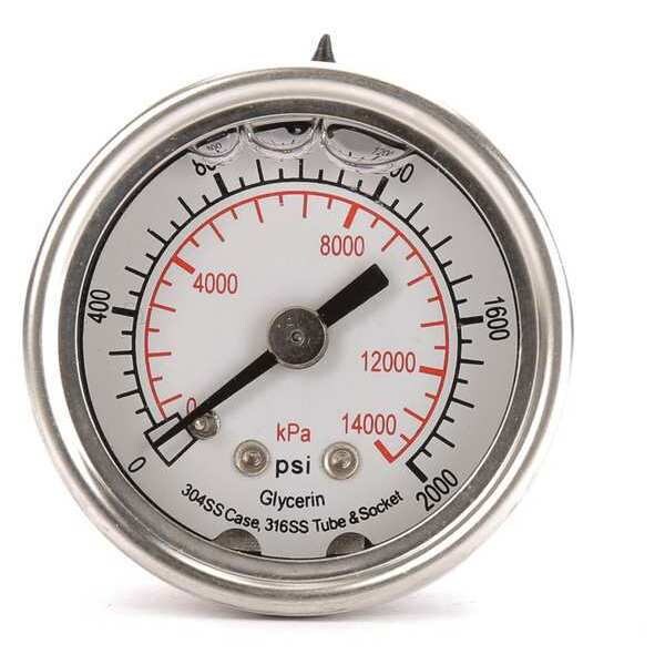Pressure Gauge, 0 to 2000 psi, 1/8 in MNPT, Stainless Steel, Silver