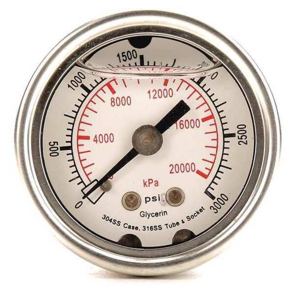 Pressure Gauge, 0 to 3000 psi, 1/8 in MNPT, Stainless Steel, Silver