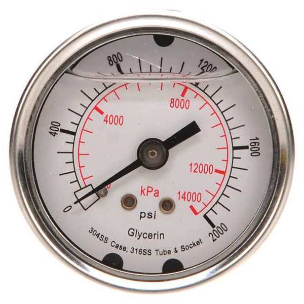 Pressure Gauge, 0 to 2000 psi, 1/4 in MNPT, Stainless Steel, Silver