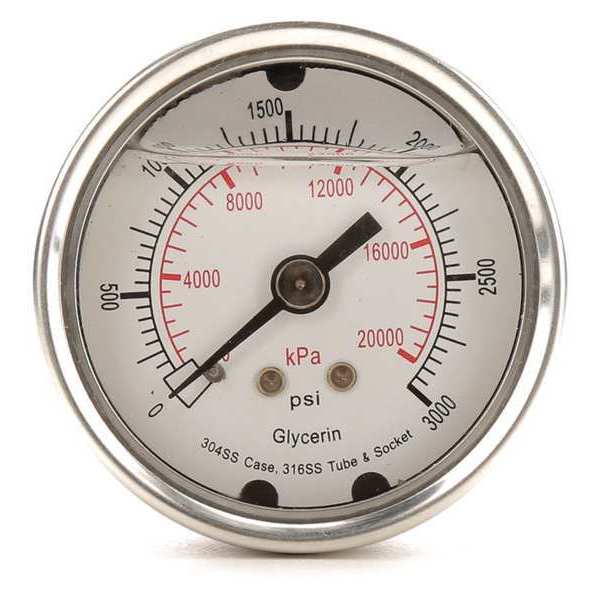 Pressure Gauge, 0 to 3000 psi, 1/4 in MNPT, Stainless Steel, Silver