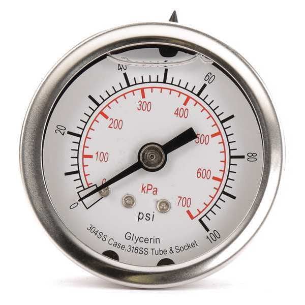 Pressure Gauge, 0 to 100 psi, 1/4 in MNPT, Stainless Steel, Silver