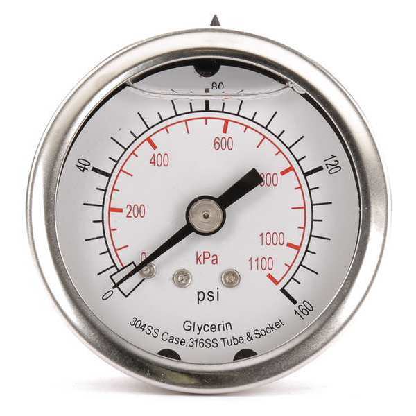 Pressure Gauge, 0 to 160 psi, 1/4 in MNPT, Stainless Steel, Silver