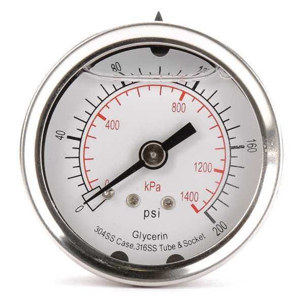 Pressure Gauge, 0 to 200 psi, 1/4 in MNPT, Stainless Steel, Silver