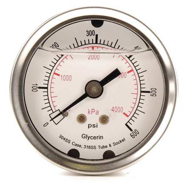 Pressure Gauge, 0 to 600 psi, 1/4 in MNPT, Stainless Steel, Silver