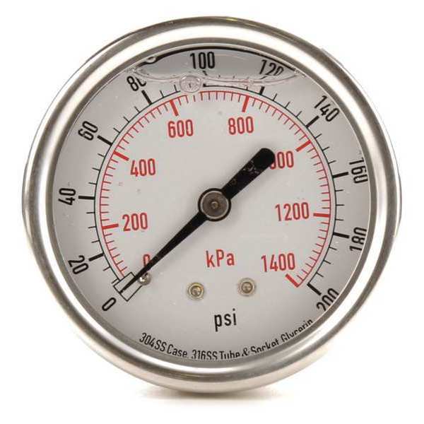 Pressure Gauge, 0 to 200 psi, 1/4 in MNPT, Stainless Steel, Silver
