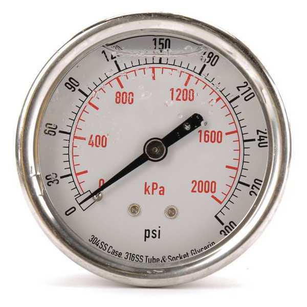 Pressure Gauge, 0 to 300 psi, 1/4 in MNPT, Stainless Steel, Silver