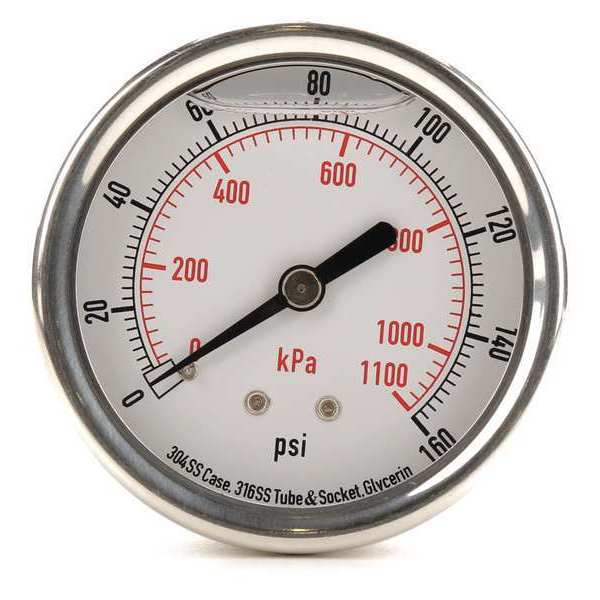 Pressure Gauge, 0 to 160 psi, 1/4 in MNPT, Stainless Steel, Silver
