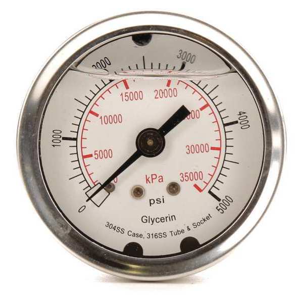 Pressure Gauge, 0 to 5000 psi, 1/4 in MNPT, Stainless Steel, Silver