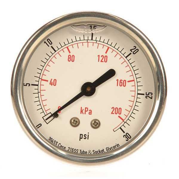 Pressure Gauge, 0 to 30 psi, 1/4 in MNPT, Stainless Steel, Silver