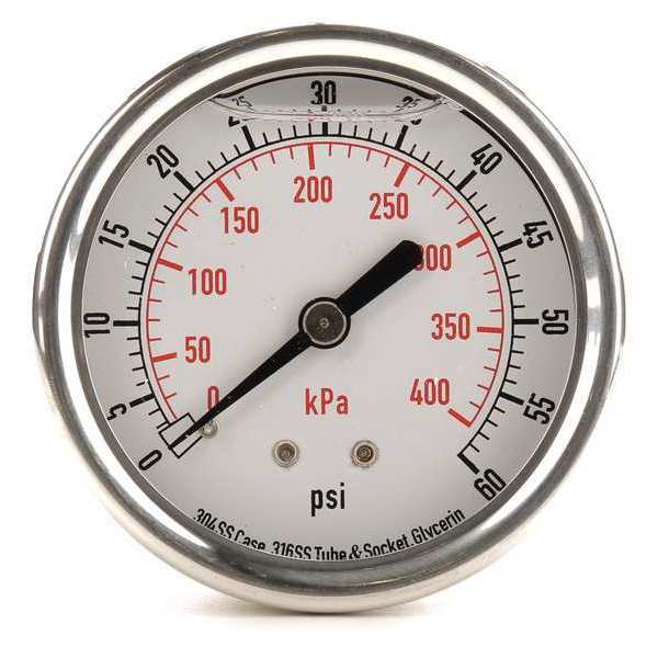 Pressure Gauge, 0 to 60 psi, 1/4 in MNPT, Stainless Steel, Silver