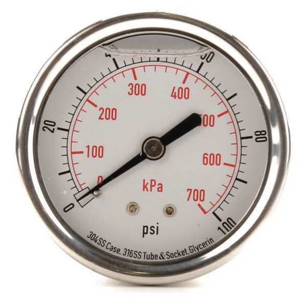Pressure Gauge, 0 to 100 psi, 1/4 in MNPT, Stainless Steel, Silver