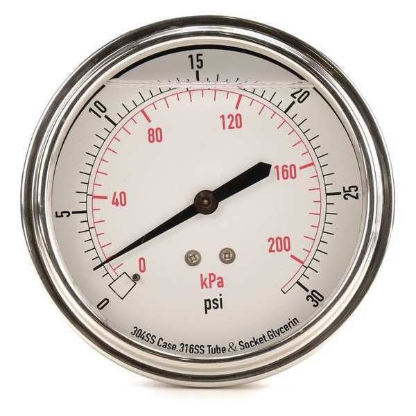 Pressure Gauge, 0 to 30 psi, 1/4 in MNPT, Stainless Steel, Silver