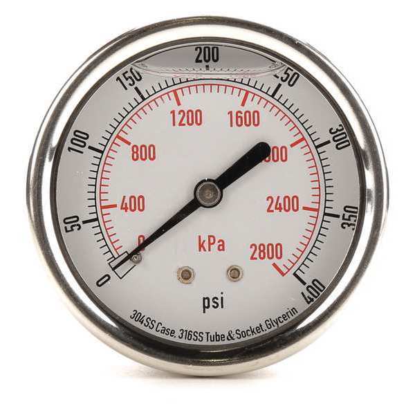 Pressure Gauge, 0 to 400 psi, 1/4 in MNPT, Stainless Steel, Silver