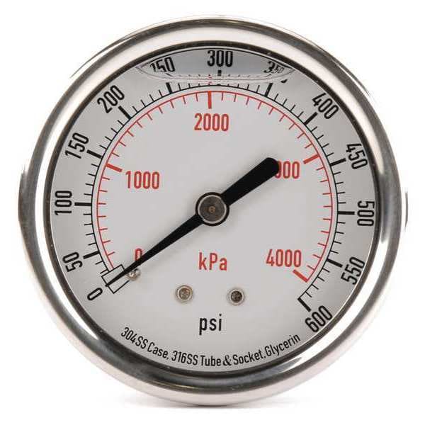 Pressure Gauge, 0 to 600 psi, 1/4 in MNPT, Stainless Steel, Silver