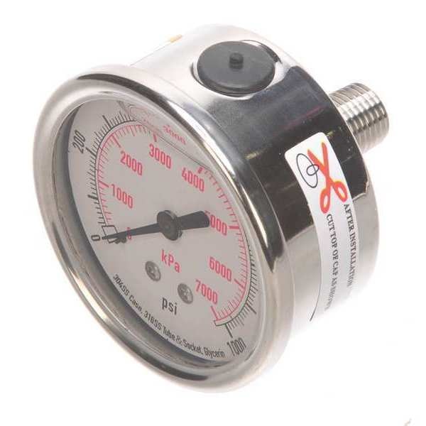 Pressure Gauge, 0 to 1000 psi, 1/4 in MNPT, Stainless Steel, Silver