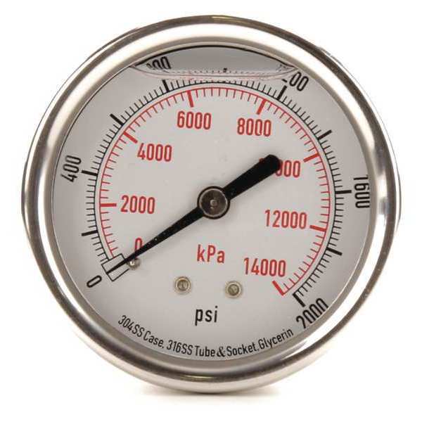 Pressure Gauge, 0 to 2000 psi, 1/4 in MNPT, Stainless Steel, Silver