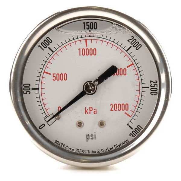 Pressure Gauge, 0 to 3000 psi, 1/4 in MNPT, Stainless Steel, Silver