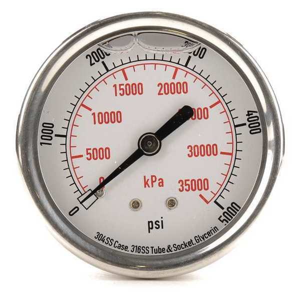 Pressure Gauge, 0 to 5000 psi, 1/4 in MNPT, Stainless Steel, Silver