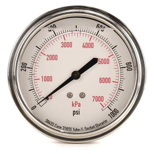 Pressure Gauge, 0 to 1000 psi, 1/4 in MNPT, Stainless Steel, Silver