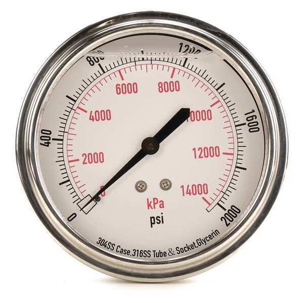 Pressure Gauge, 0 to 2000 psi, 1/4 in MNPT, Stainless Steel, Silver