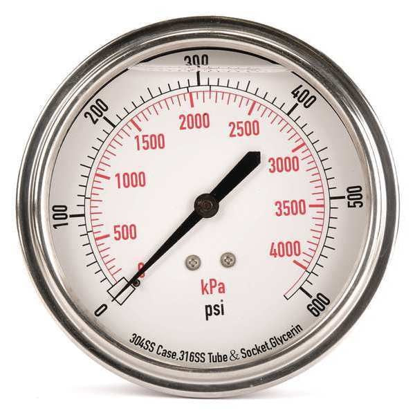 Pressure Gauge, 0 to 600 psi, 1/4 in MNPT, Stainless Steel, Silver