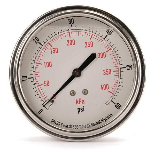 Pressure Gauge, 0 to 60 psi, 1/4 in MNPT, Stainless Steel, Silver