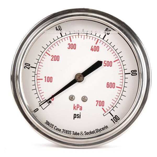 Pressure Gauge, 0 to 100 psi, 1/4 in MNPT, Stainless Steel, Silver