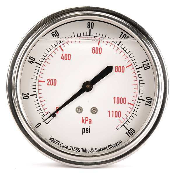 Pressure Gauge, 0 to 160 psi, 1/4 in MNPT, Stainless Steel, Silver