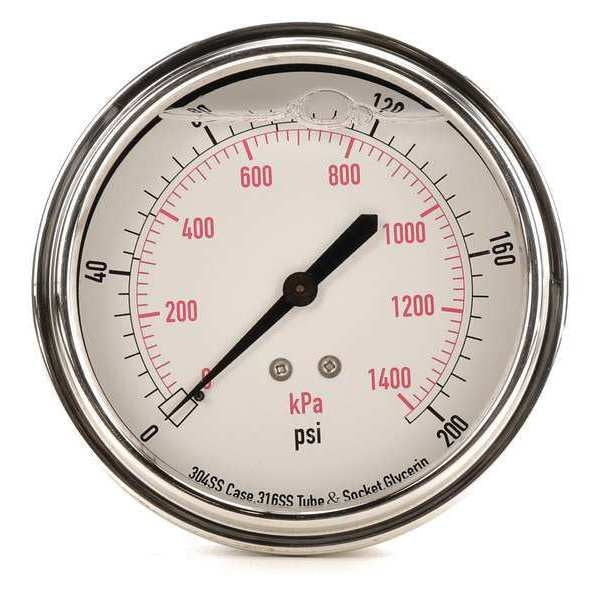 Pressure Gauge, 0 to 200 psi, 1/4 in MNPT, Stainless Steel, Silver