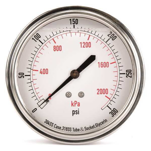 Pressure Gauge, 0 to 300 psi, 1/4 in MNPT, Stainless Steel, Silver