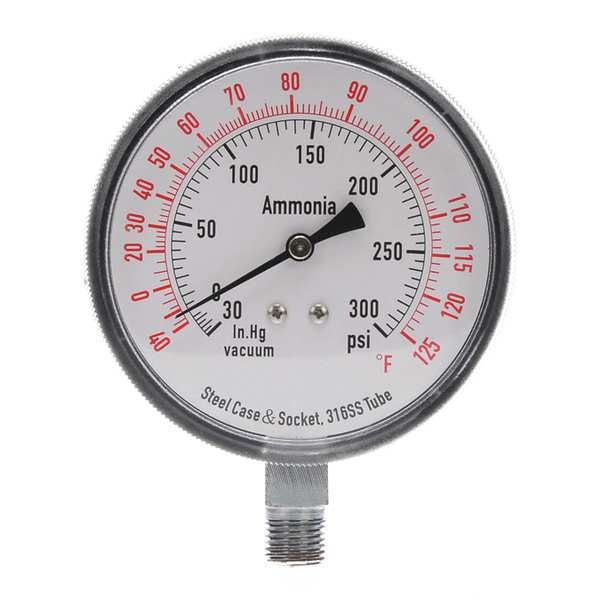 Compound Gauge, -30 to 0 to 300 in Hg/psi, 1/4 in MNPT, Steel, Black