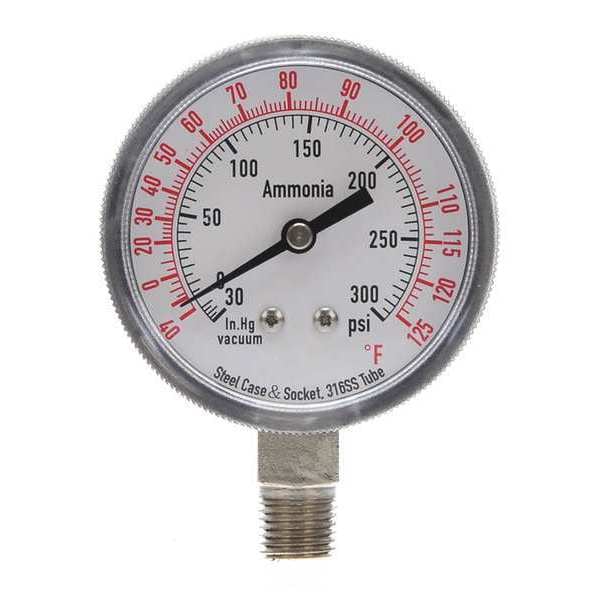 Compound Gauge, -30 to 0 to 300 in Hg/psi, 1/4 in MNPT, Steel, Black
