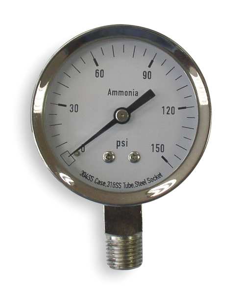 Pressure Gauge, 0 to 150 psi, 1/4 in MNPT, Stainless Steel, Silver