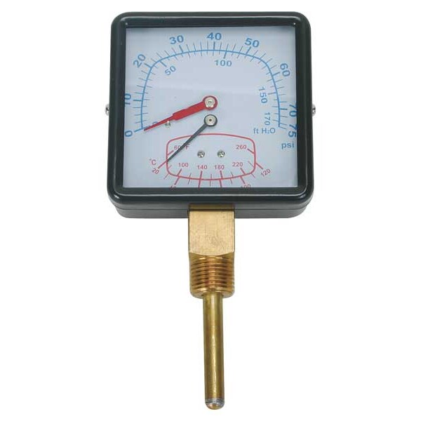 Boiler Gauge, Square, 0-75 PSI, 60 to 260 F
