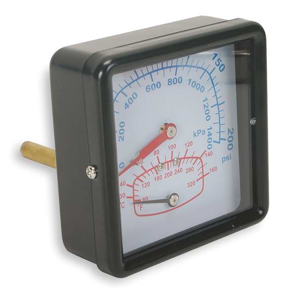 Boiler Gauge, Square, 0-200PSI, 80 to 320 F